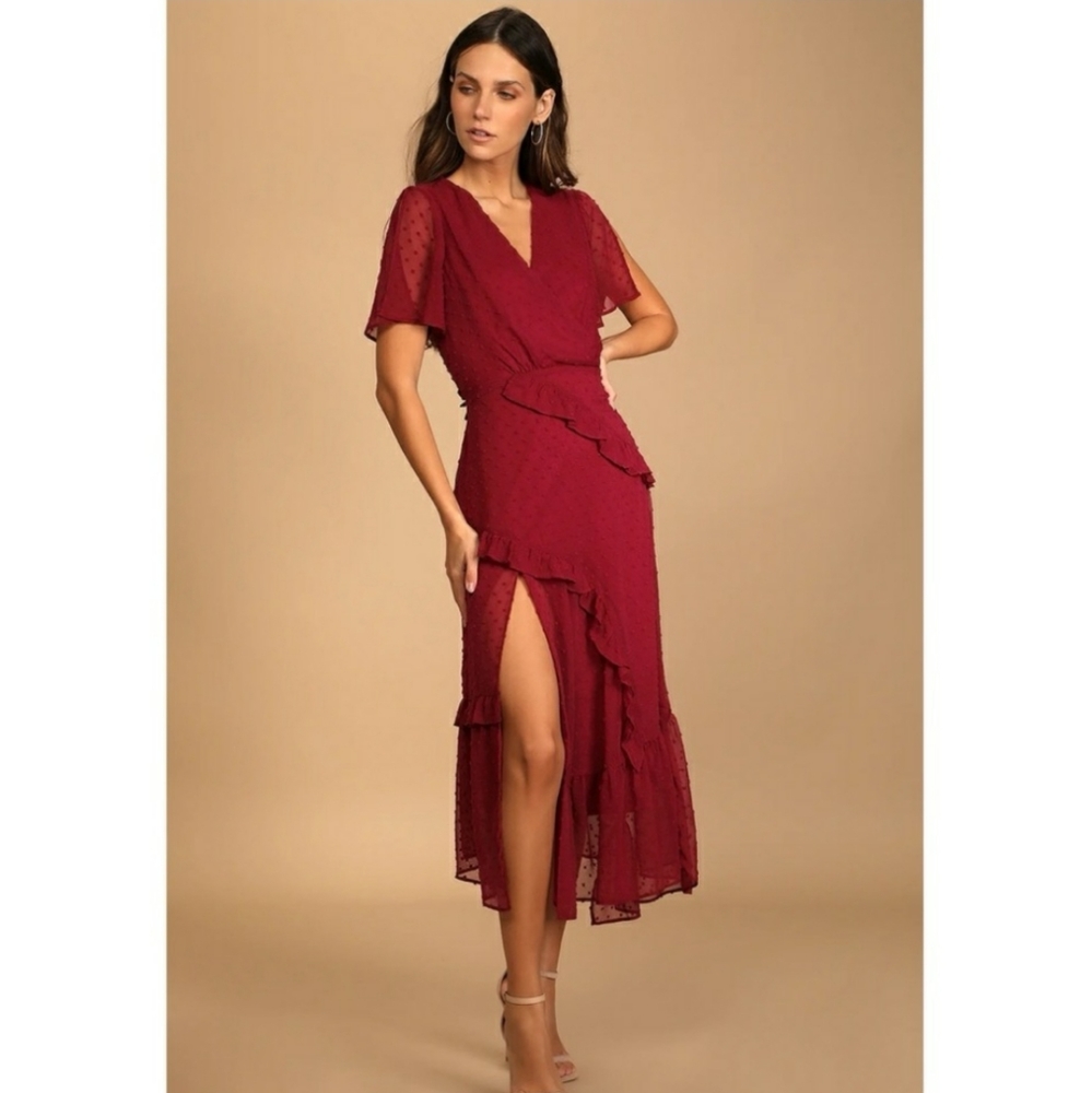 💛 Lulu's Next to You Swiss Dot Ruffled Midi Dress